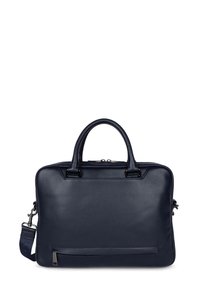 Borsa per laptop in pelle blu navy con due manici superiori, chiusura con zip, tracolla rimovibile e tasca frontale. La superficie testurizzata completa il design.