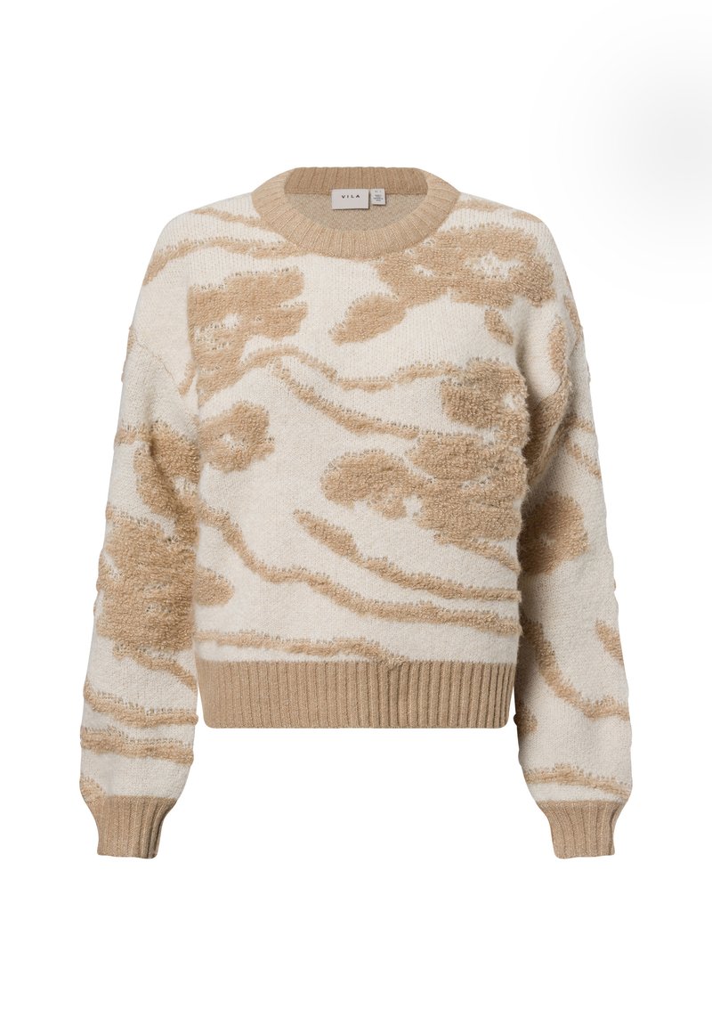 Beige und cremefarbener Pullover mit einem strukturierten Blumenmuster, gerippten Bündchen und Saum sowie einem runden Ausschnitt. Hergestellt aus weichem Material.