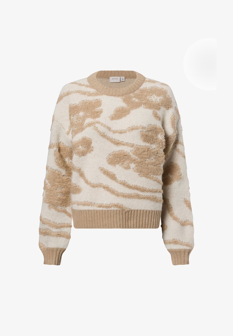 Beige und cremefarbener Pullover mit einem strukturierten Blumenmuster, gerippten Bündchen und Saum sowie einem runden Ausschnitt. Hergestellt aus weichem Material.