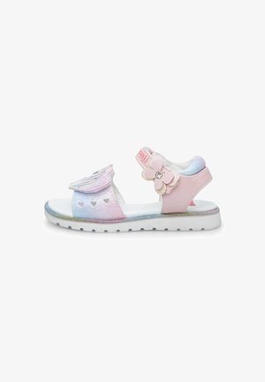 Pink og iriserende sandaler med blomsterdetalje, glitrende detaljer, justerbar rem, åben tå-design og en tekstureret hvid sål.