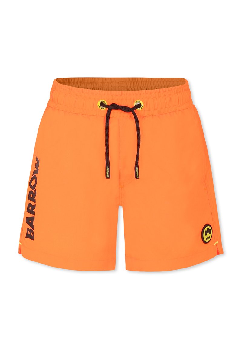 Costumi da bagno arancioni con cintura elastica, lacci neri, tasche laterali e un'etichetta con logo sulla gamba sinistra. Tessuto morbido.
