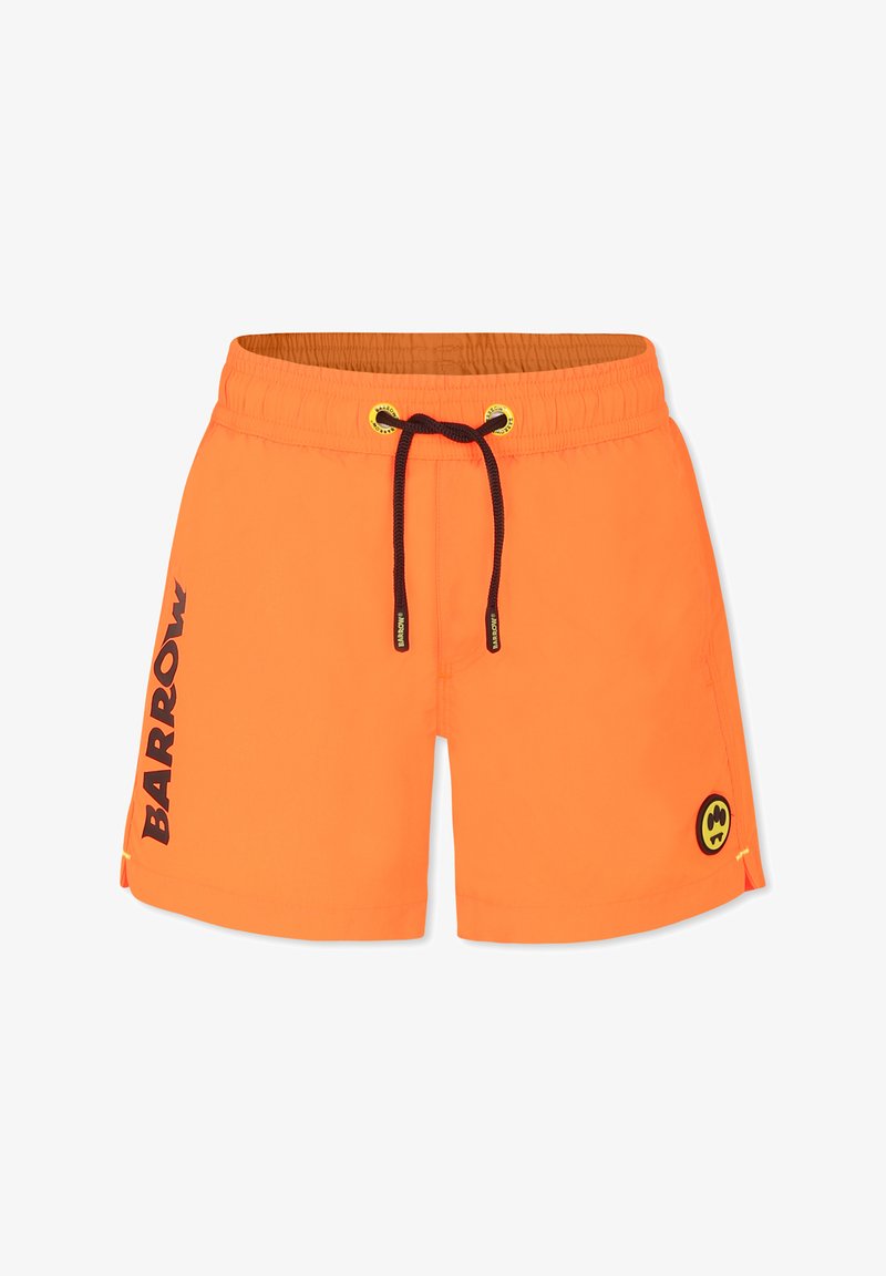 Costumi da bagno arancioni con cintura elastica, lacci neri, tasche laterali e un'etichetta con logo sulla gamba sinistra. Tessuto morbido.