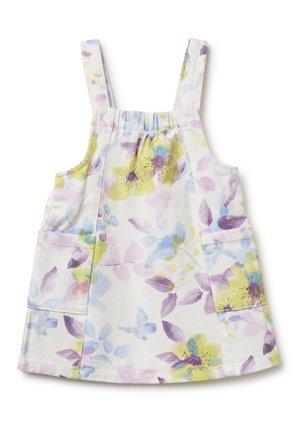 Vestito per bambino piccolo con spalline larghe, caratterizzato da una delicata stampa floreale pastello in giallo, viola, blu e rosa su sfondo bianco.