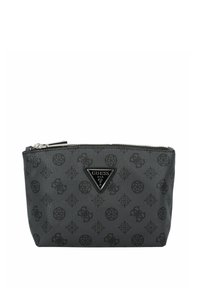 Pochette grigia con texture e logo nero. Presenta una chiusura con zip e un accento a logo triangolare sul davanti. Design compatto.