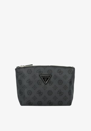 Pochette grigia con texture e logo nero. Presenta una chiusura con zip e un accento a logo triangolare sul davanti. Design compatto.