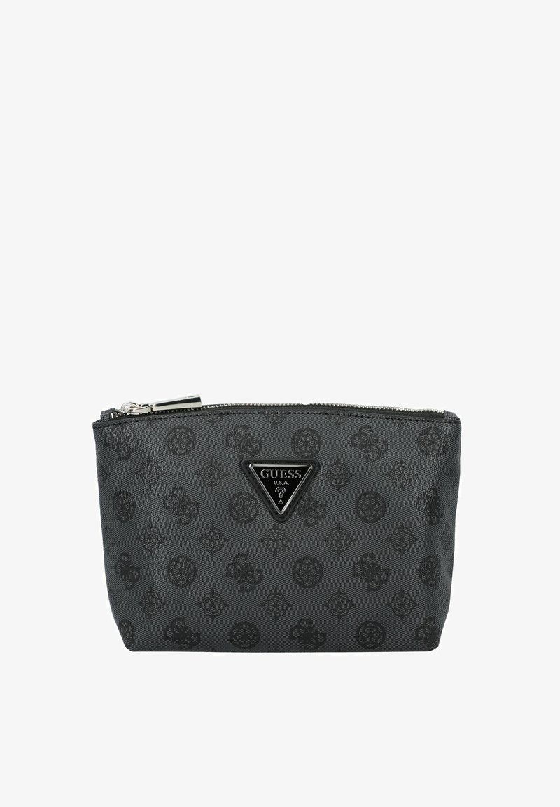 Grijze, getextureerde zak met zwart logo en patroon. Voorzien van een ritsluiting en een driehoekig logo accent aan de voorkant. Compacts ontwerp.