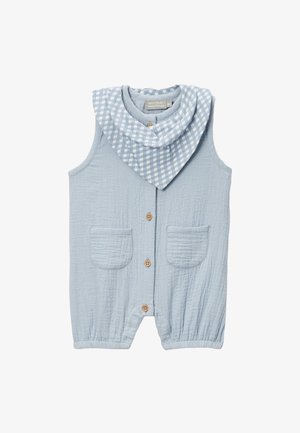 Barboteuse bébé sans manches bleu clair avec boutons en bois à l’avant, deux poches, jambes élastiquées et col bavette à carreaux bleu et blanc.