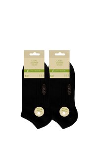 Calzini sneaker neri in cotone, 5 paia, confezionati con un'etichetta beige. Le etichette indicano la gamma di taglie EU 35-38, con "Sport" stampato sul lato.