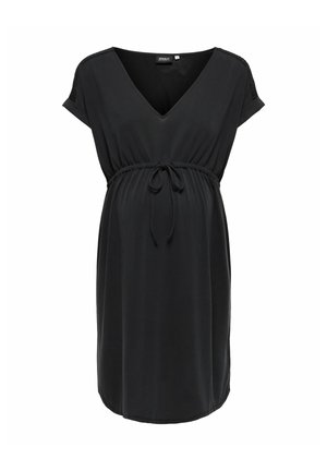 Sort graviditetskjole med korte ærmer, V-udskæring, elastisk talje med snor og blonde detaljer på skulderpaneler.