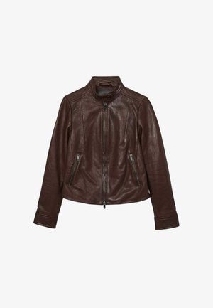 Pruun nahast jakk, millel on ees lukuga sulgemine, lukuga küljetaskud ja nööpkrae detail, esitatud valgel taustal.