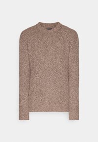 Brązowy sweter dziany z okrągłym dekoltem, długimi rękawami i teksturowanym wzorem. Posiada ściągacze na rękawach oraz prosty kroj.