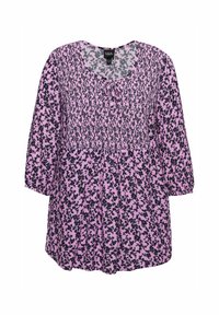 Blusa rosa con motivo floreale nero, corpetto arricciato, scollatura a V e maniche a tre quarti. Tessuto morbido con una vestibilità comoda.