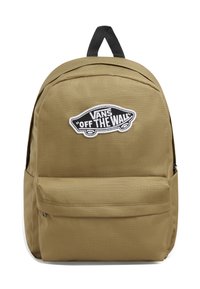 Khaki plecak z teksturowanego materiału, z wyraźnym czarno-białym logo "VANS 'OFF THE WALL'" z przodu oraz kieszenią z przodu.