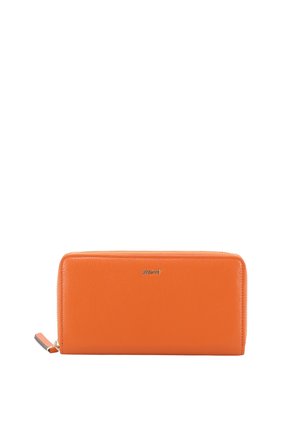 Orange leather wallet with a smooth texture, zip closure, and a subtle branded accent. Rectangular shape, designed for carrying essentials.