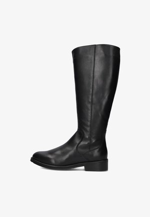 Zwarte leren kniehoge laars met een gladde afwerking, ronde neus en lage blokhak. Kenmerkt minimale stiksels en een strakke, aansluitende pasvorm.