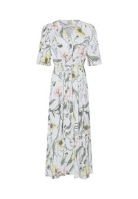 Robe midi blanche à imprimé floral rose et jaune, manches courtes, col en V, et ceinture à nouer à la taille.