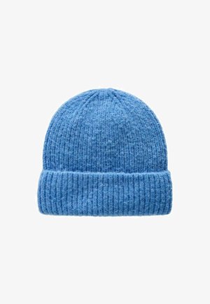 Berretto in maglia blu con una texture a coste e risvolto. Realizzato in materiale morbido con un colore uniforme e senza motivi o accenti.