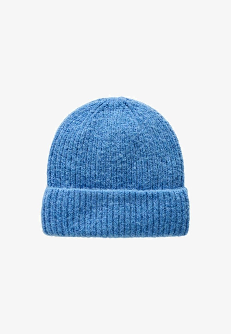 Blauer Strickmütze mit gerippter Textur und umgeschlagenem Bund. Hergestellt aus weichem Material in einfarbigem Design ohne Muster oder Akzente.