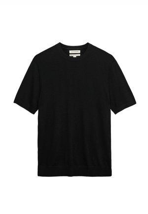 Czarny wełniany sweter z krótkim rękawem i okrągłym dekoltem, z prążkowanym dołem i mankietami, oznaczony jako Autograph Extra Fine Merino Wool.