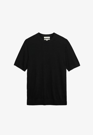 Czarny wełniany sweter z krótkim rękawem i okrągłym dekoltem, z prążkowanym dołem i mankietami, oznaczony jako Autograph Extra Fine Merino Wool.