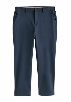 Marineblaue, maßgeschneiderte Hose mit Knopf vorne, Reißverschluss, Seitentaschen und Gürtelschlaufen auf weißem Hintergrund.