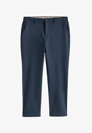 Marineblaue, maßgeschneiderte Hose mit Knopf vorne, Reißverschluss, Seitentaschen und Gürtelschlaufen auf weißem Hintergrund.