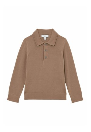 Barna hosszú ujjú galléros póló texturált anyagból, klasszikus gallérral és háromgombos patentos szegéllyel. Bordázott mandzsetta és szegély.