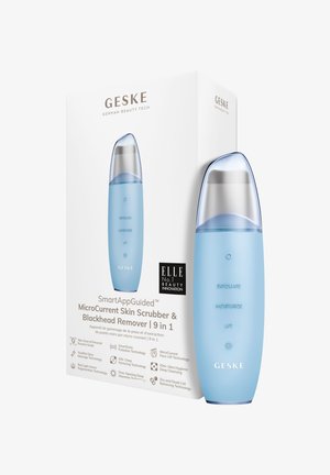 Micro-exfoliateur cutané microcourant intelligent Geske Bleu SmartApp avec modes exfolier, hydrater, lifter, à côté de son emballage blanc montrant les caractéristiques du produit.