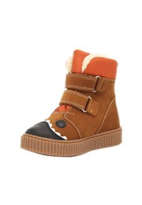 Bruine suède laars met oranje textielkraag, zwarte rubberen neus, witte tanddetails en twee klittenbandsluitingen. Getextureerde, geribbelde rubberen zool.