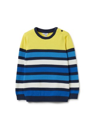 Striped sweater featuring yellow, blue, white, and navy colors. Knit material with a round neck and button detail on the shoulder.