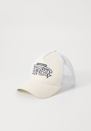Beige cap with a curved brim. Features a mesh back, black embroidered text, and a structured front panel for shape.