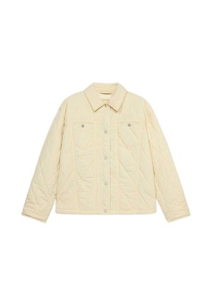 Chaqueta beige acolchada con cierre de botones a presión, dos bolsillos delanteros y cuello puntiagudo. Presenta un tejido texturizado y estampado.