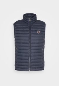 Navy blue puffer vest with high collar, zippered front, and two side pockets. Features quilted texture and a small logo on the chest.