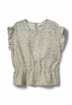 Blusa beige con piccola stampa floreale blu, maniche corte arricciate, scollo rotondo e dettaglio con vita elastica, distesa piatta.