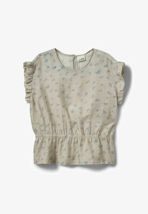 Beige blouse with small blue floral print, ruffled short sleeves, round neckline, and elastic waist detail, laid flat.