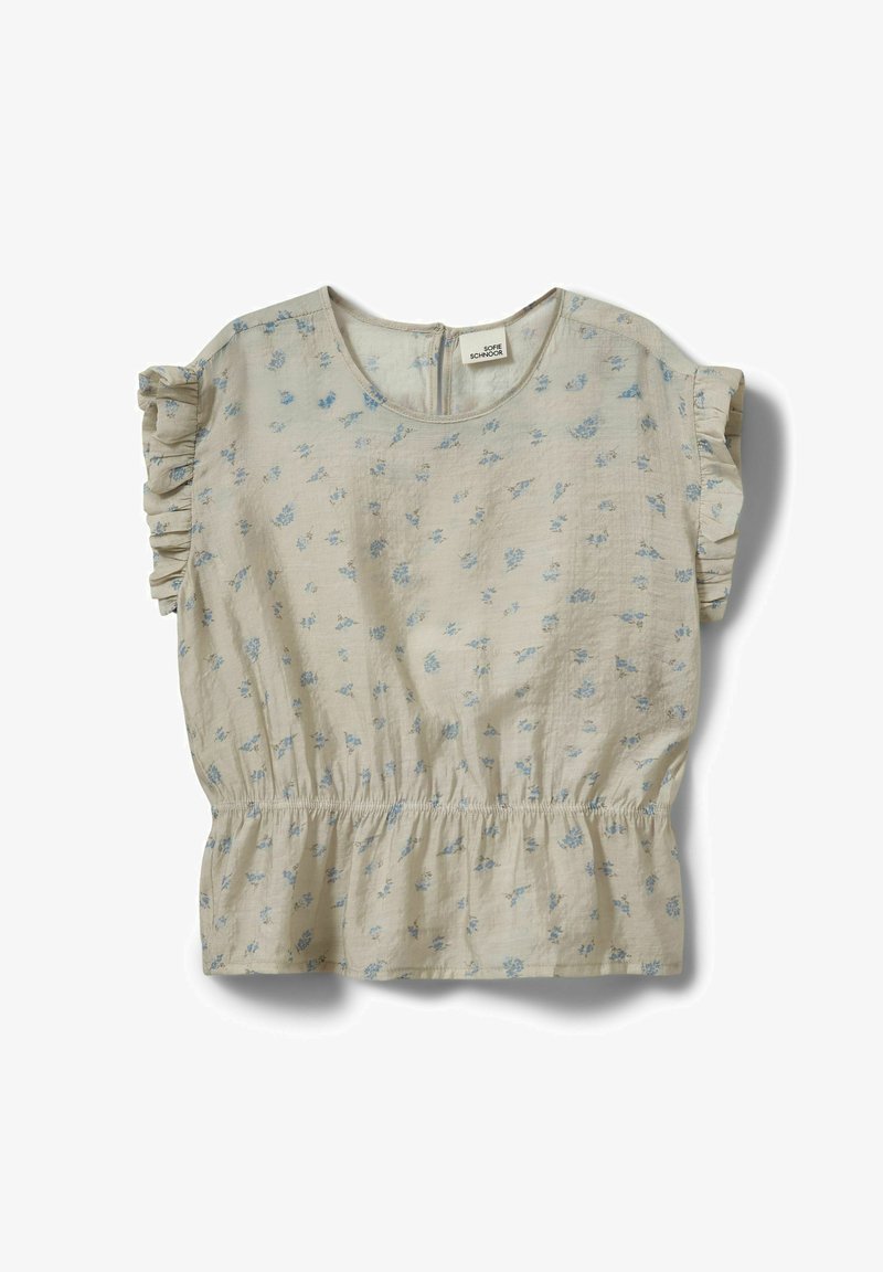 Blouse beige à petit imprimé floral bleu, manches courtes à volants, encolure ronde et détail de taille élastique, posée à plat.