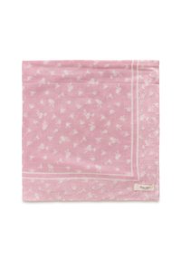 Sciarpa rosa chiaro con motivi floreali bianchi, bordata da un bordo solido rosa pallido. Realizzata in morbido tessuto, con un'etichetta in un angolo.