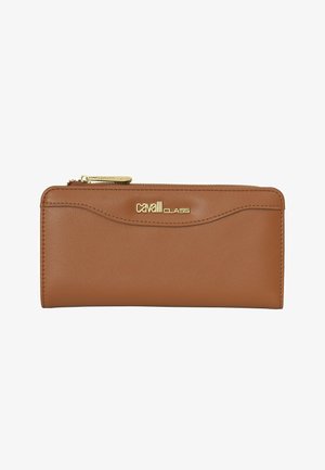 Braune Leder-Geldbörse mit Reißverschluss, goldenem "Cavalli Class" Logo und Nahtdetails entlang der oberen Kante.