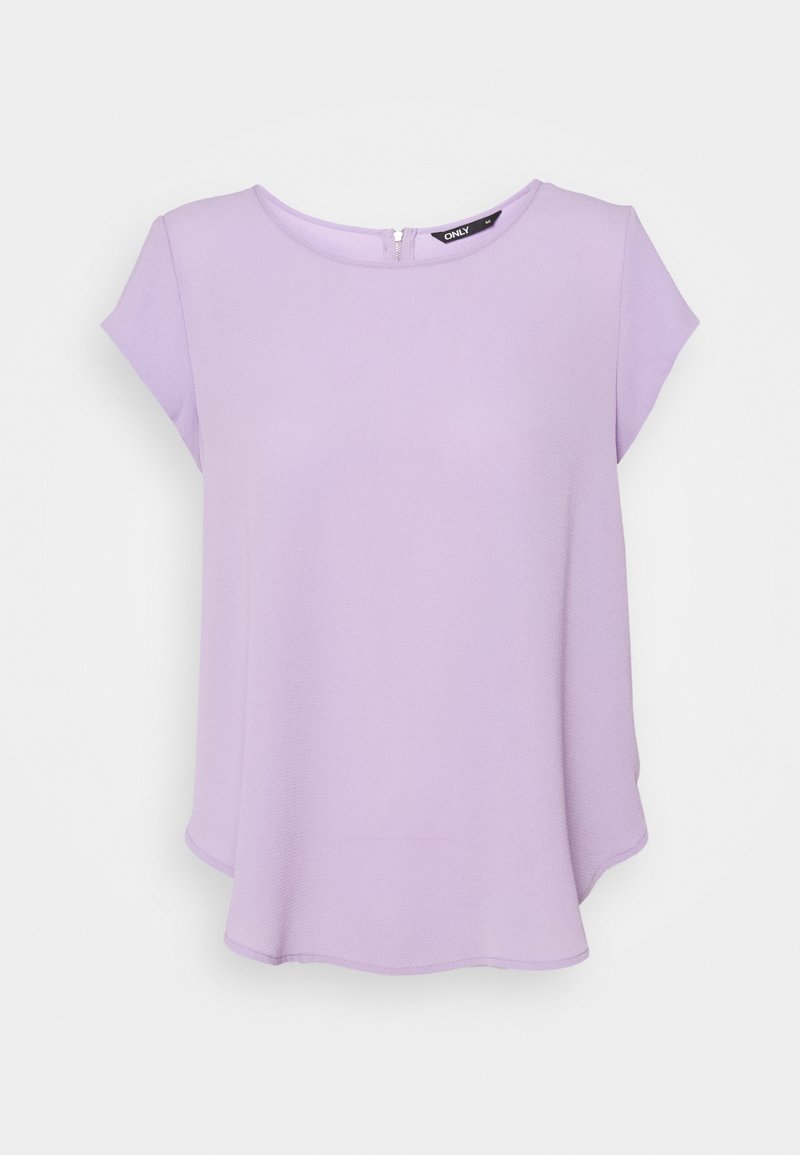 Blouse lilas à manches courtes avec un col rond et une légère évasée en bas, avec une petite fermeture éclair au dos.