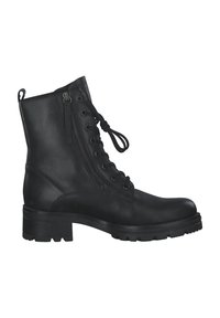 Zwarte leren enkelboot met vetersluiting en zijritsdetails, stevige hak, gestructureerd oppervlak en robuuste profielzool.