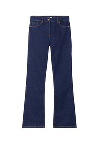 Dunkelblaue Schlagjeans mit einem klassischen Fünf-Taschen-Design, kontrastierendem gelben Stich und einem dekorativen Metallknopf.
