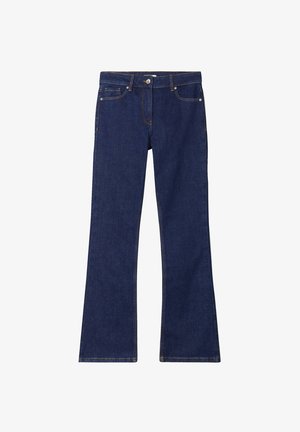 Dark blue flared jeans with a classic five-pocket design, contrasting yellow stitching, and a decorative metal button.