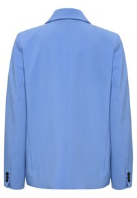 Blazer bleu clair avec col cranté et boutons noirs sur les poignets des manches, présenté de dos sur un fond blanc.