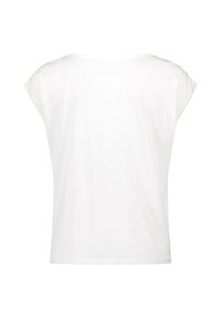 T-shirt blanc à manches courtes avec une coupe décontractée, présentant un col rond et une texture lisse et légère.