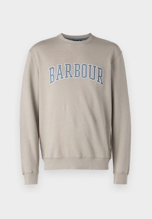 Beige színű pulóver, kerek nyakkivágással, bordás mandzsettákkal és derékrésszel, és "BARBOUR" felirat világoskék írásmóddal a mellkason.