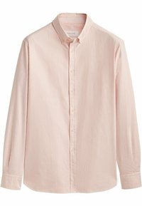 Chemise à manches longues, boutonnée, avec de fines rayures verticales roses et blanches, col pointu et poignets boutonnés.