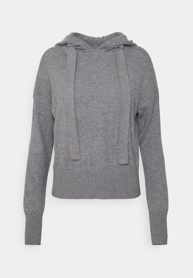 Hoodie gris en maille à manches longues avec larges cordons, poignets côtelés et ourlet côtelé, présenté sur un fond uni.