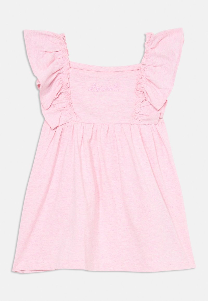 Rožinė medvilnės suknelė su raukšlėtomis rankovėmis, surinkta liemenėle ir siuvinėtais akcentais krūtinėje. Minkšta, lengva medžiaga su laisvu kirpimu.