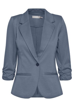 Ljusblå blazer med skräddarsydd silhuett, enstaka knappstängning och rynkade trekvartslånga ärmar. Har två framfickor.