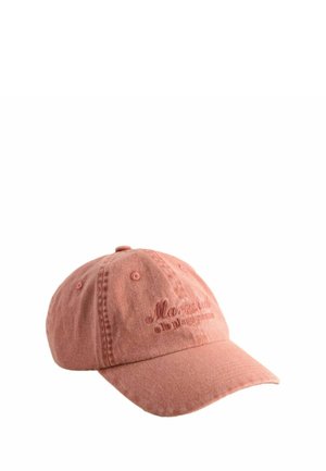 Rosa gewaschene Baumwoll-Baseballmütze mit dem auf der Vorderseite in passendem Garn gestickten Schriftzug "Marrakech".